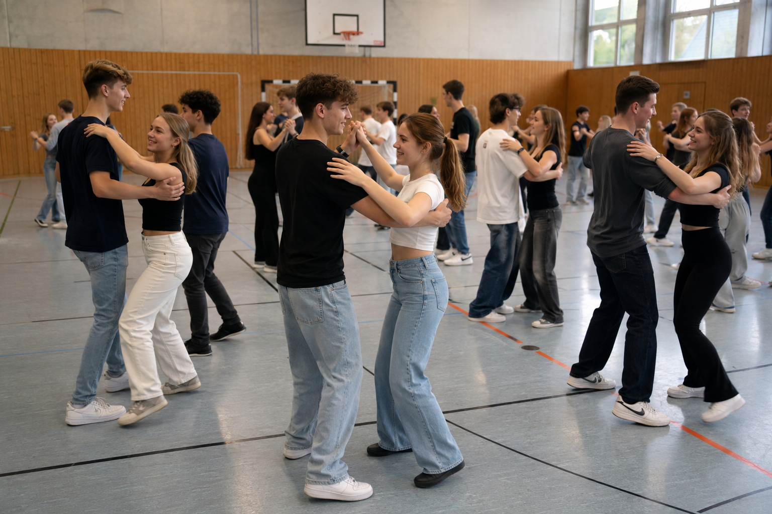 Junge Tanzschüler in Alltagskleidung üben Paartanz in einem hellen Saal in Hamburg