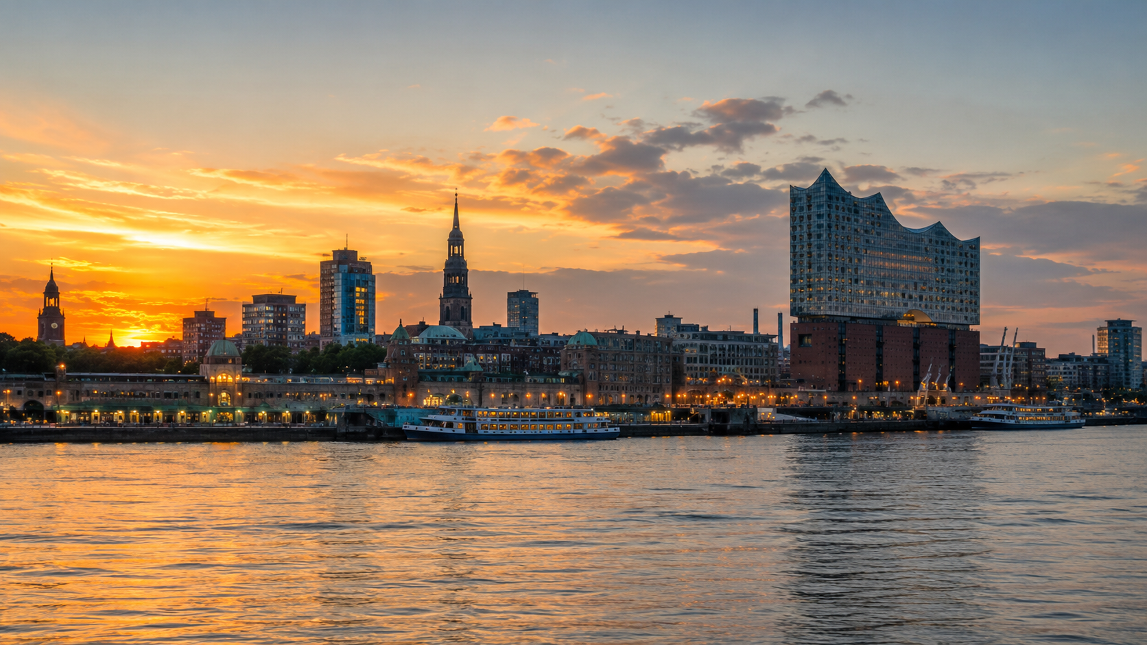 Hamburger Hafenpanorama mit Elbphilharmonie im Abendlicht