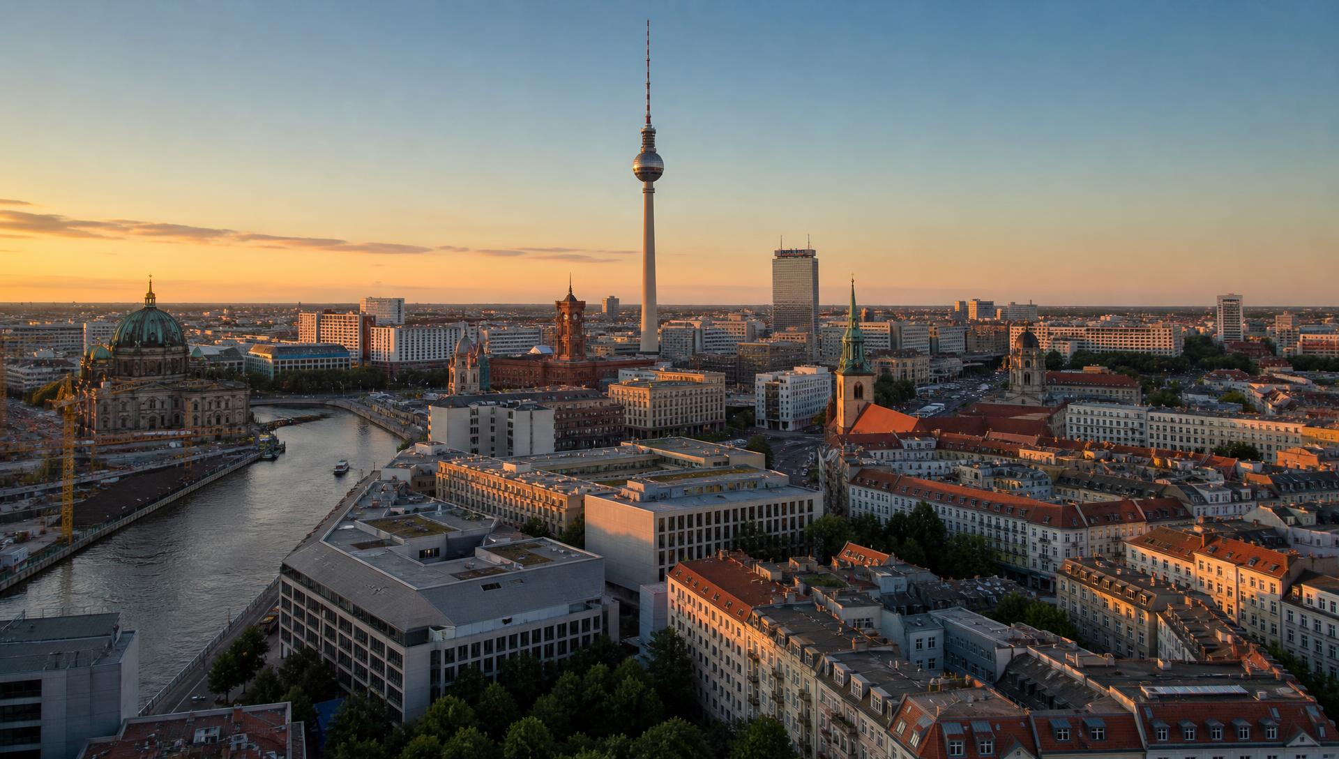 Berliner Skyline mit Brandenburger Tor und Fernsehturm im Abendlicht