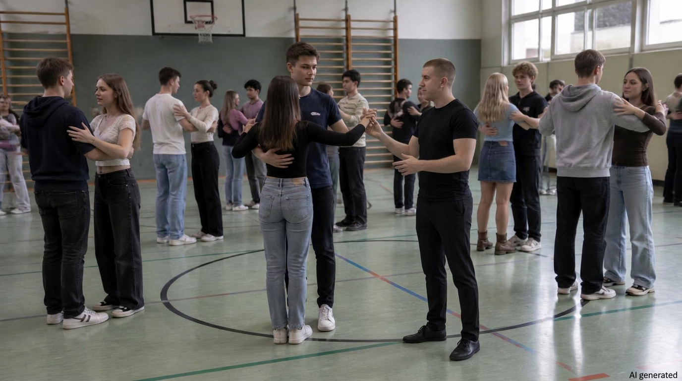 Abschlussklasse aus Bochum übt Paartanz mit Tanzlehrerin Michele in einer hellen Schulturnhalle