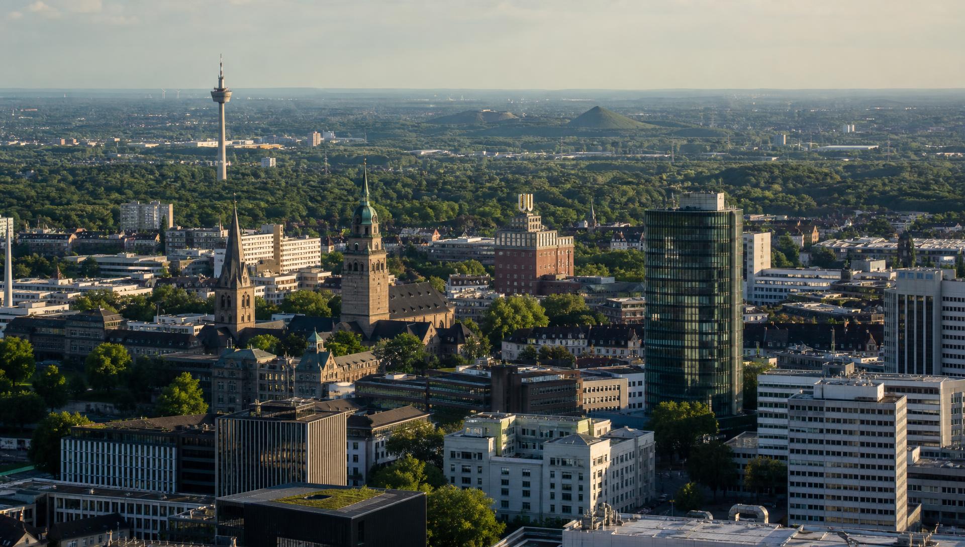Blick über die Dortmunder Innenstadt mit dem Dortmunder U, Reinoldikirche und Fernsehturm Florian