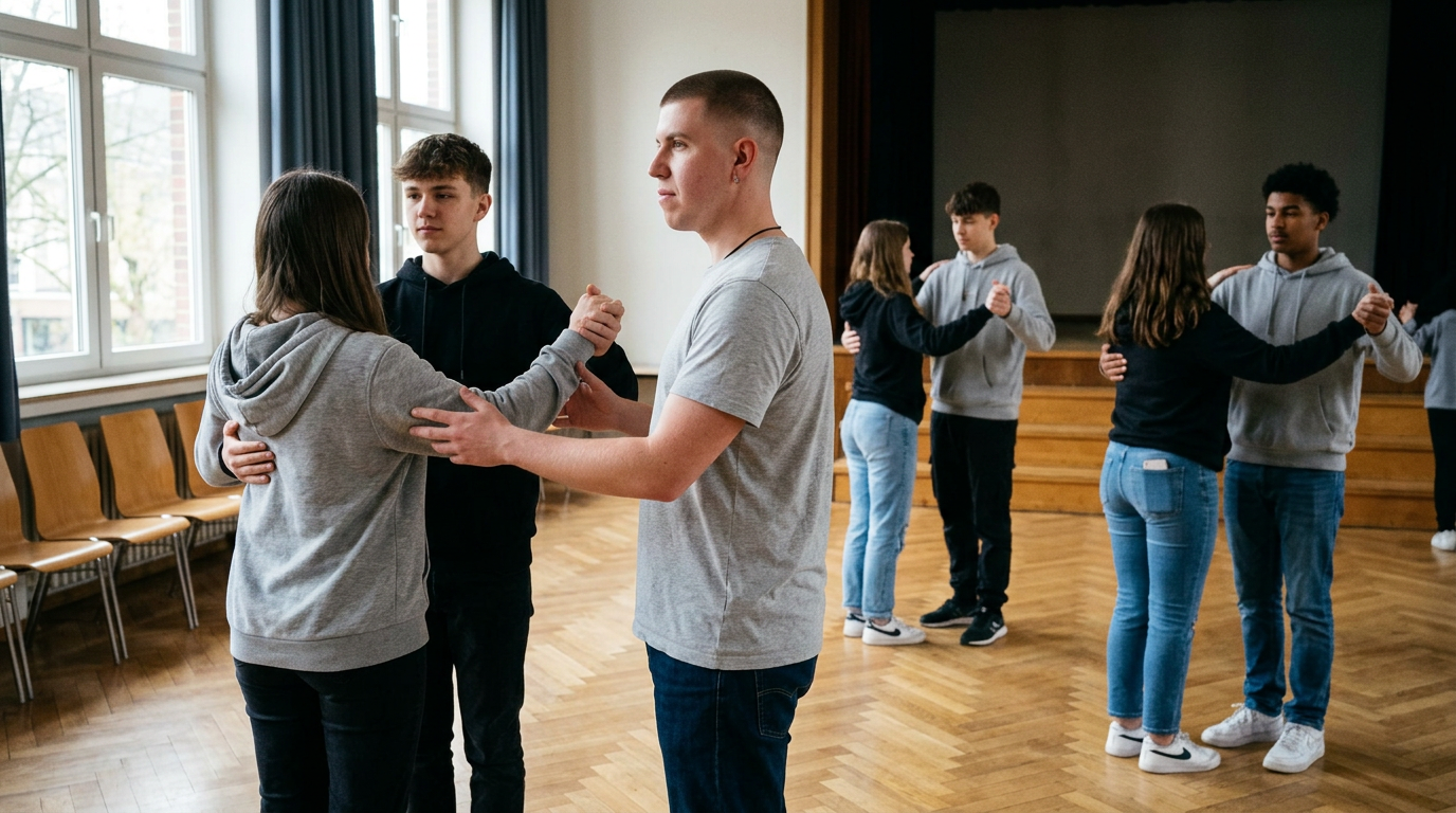 Abschlussklasse übt Paartanz mit Tanzlehrer Nikita in der Aula einer Dortmunder Schule