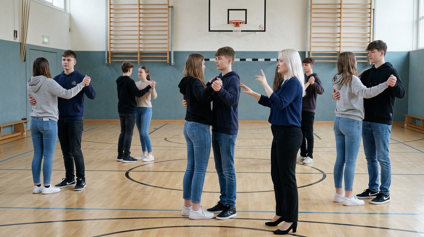 Abschlussklasse aus Dortmund übt Paartanz mit Tanzlehrerin Michele in einer hellen Schulturnhalle