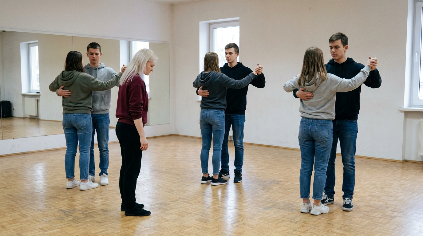 Junge Paare in Alltagskleidung üben Standardtanz mit Tanzlehrerin Michele in einem hellen Tanzsaal