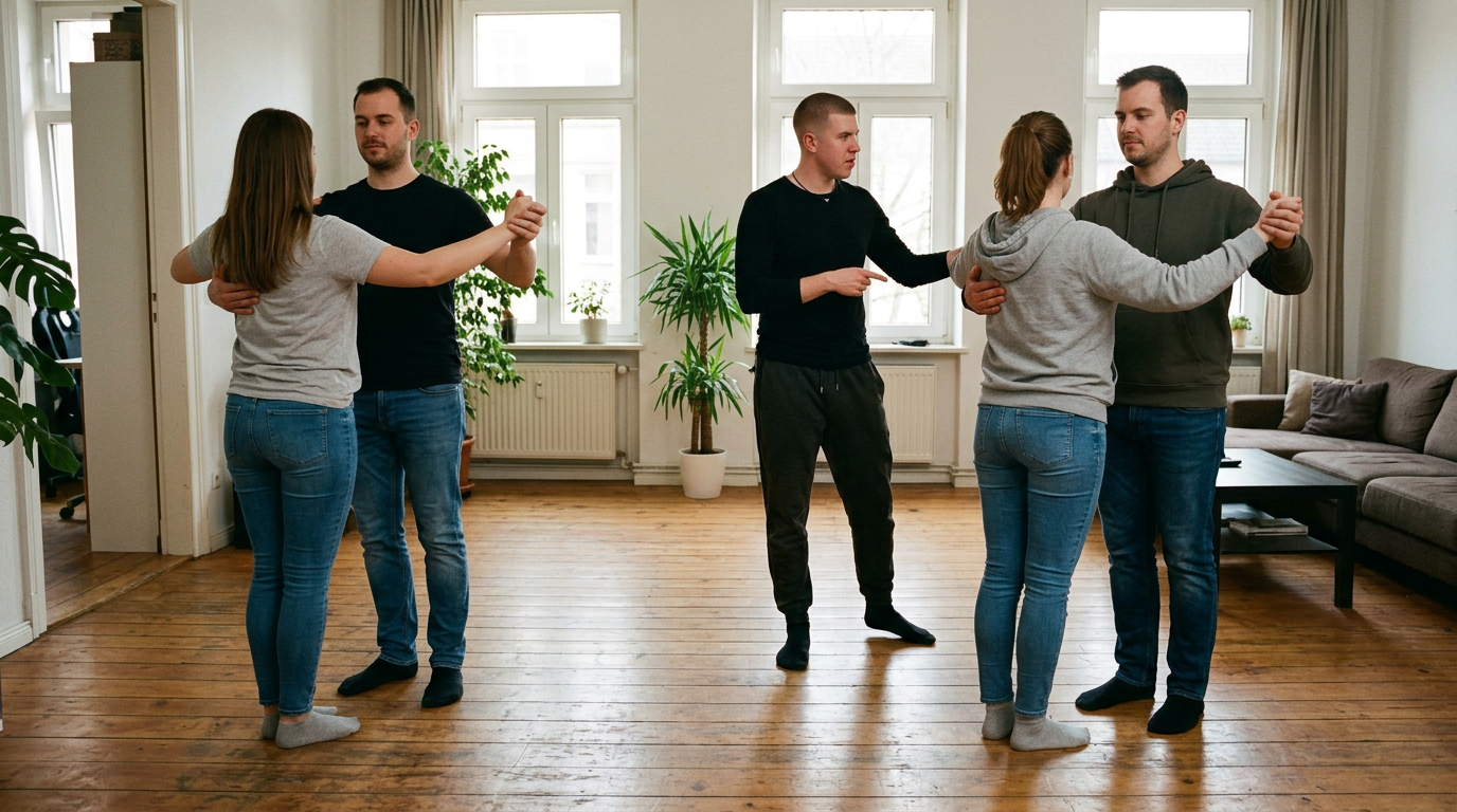 Zwei Paare üben Discofox mit Tanzlehrer Nikita im Wohnzimmer einer Dortmunder Altbauwohnung