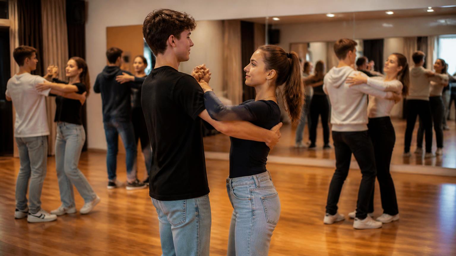 Junge Paare in Alltagskleidung tanzen Standard in einem eleganten Tanzsaal in der Nähe von Düsseldorf