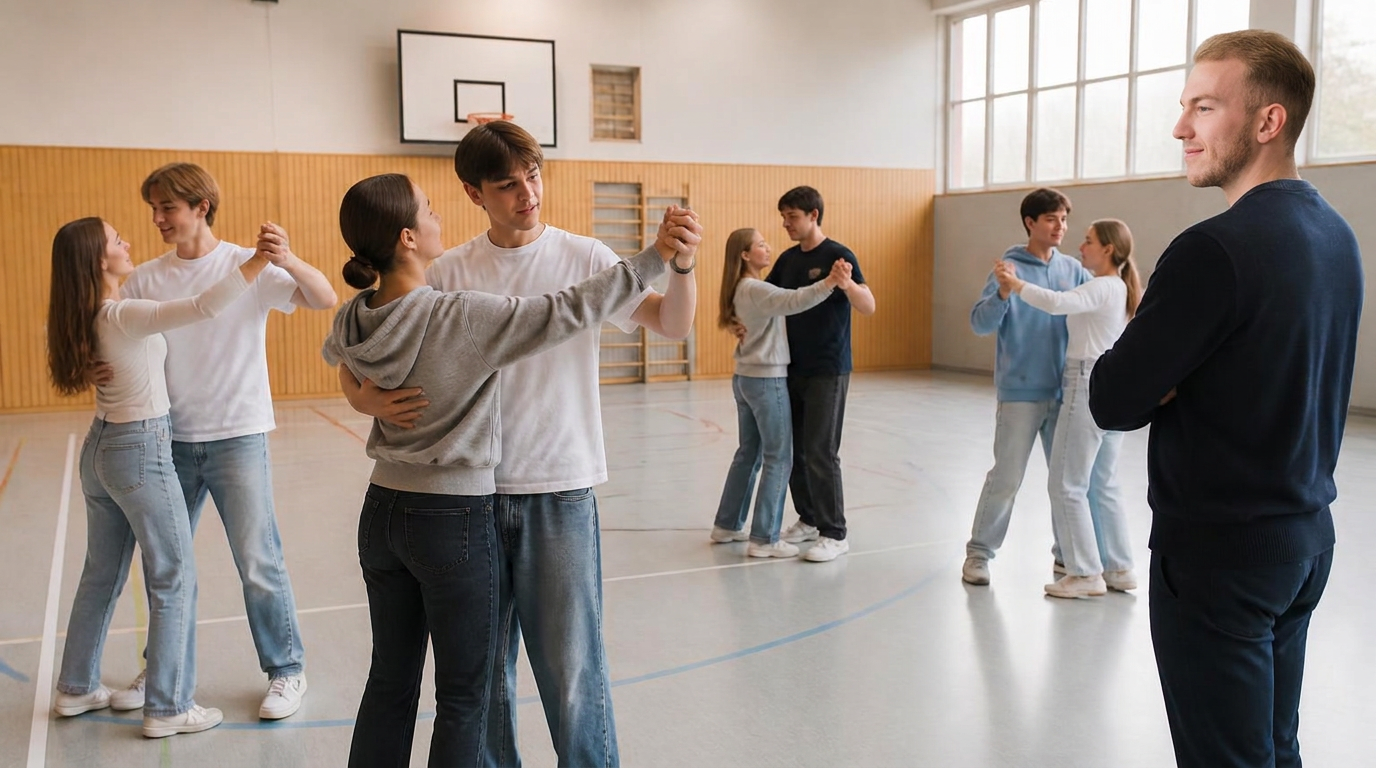 Abschlussklasse übt Paartanz mit Tanzlehrer David in einer Düsseldorfer Schulsporthalle