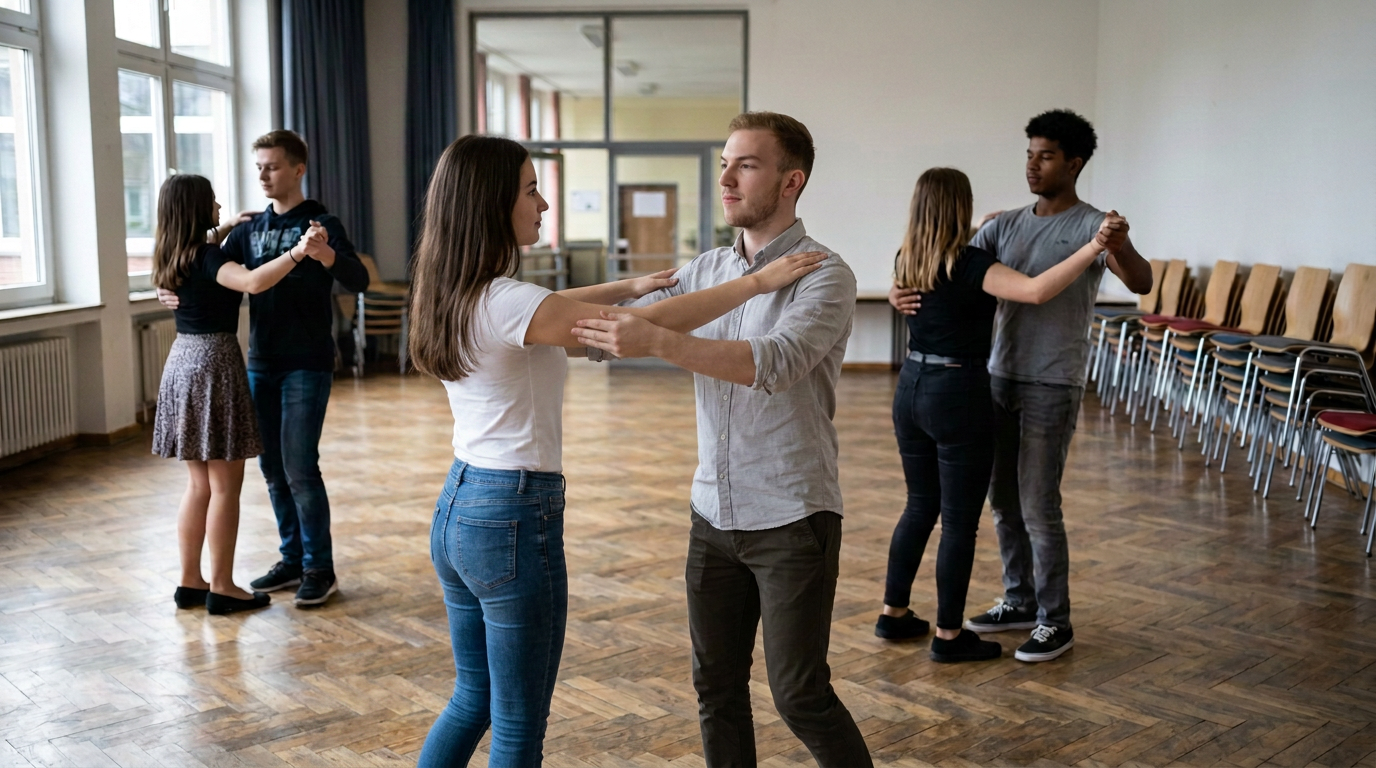 Abschlussklasse übt Langsamen Walzer mit Tanzlehrer David in der Aula einer Duisburger Schule