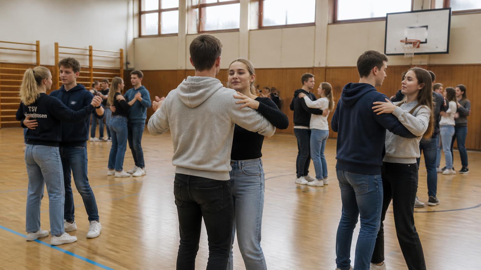 Abschlussklasse übt in Alltagskleidung Paartanz in einer Frankfurter Schulturnhalle