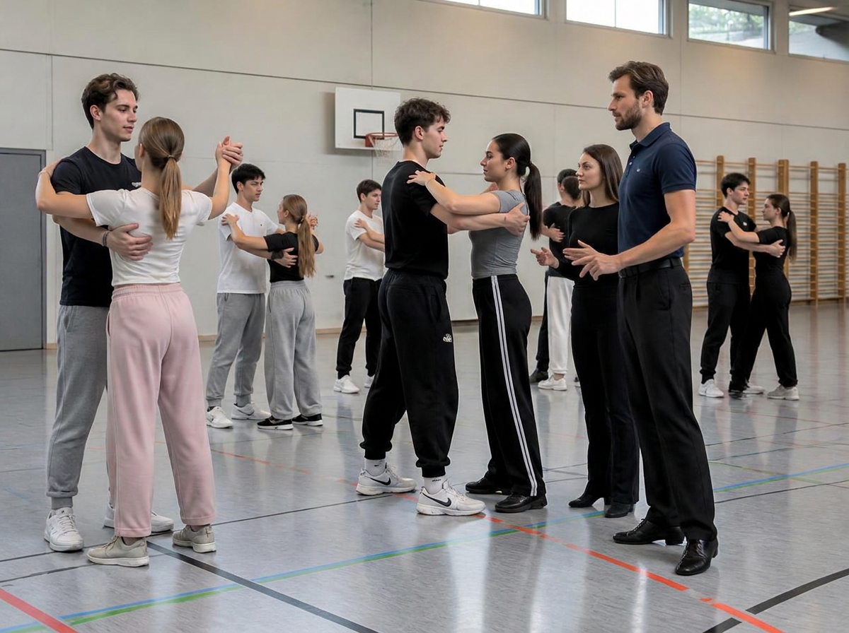 Abschlussklasse aus Freiburg im Breisgau übt Paartanz mit Tanzlehrer Philipp in einer hellen Schulturnhalle