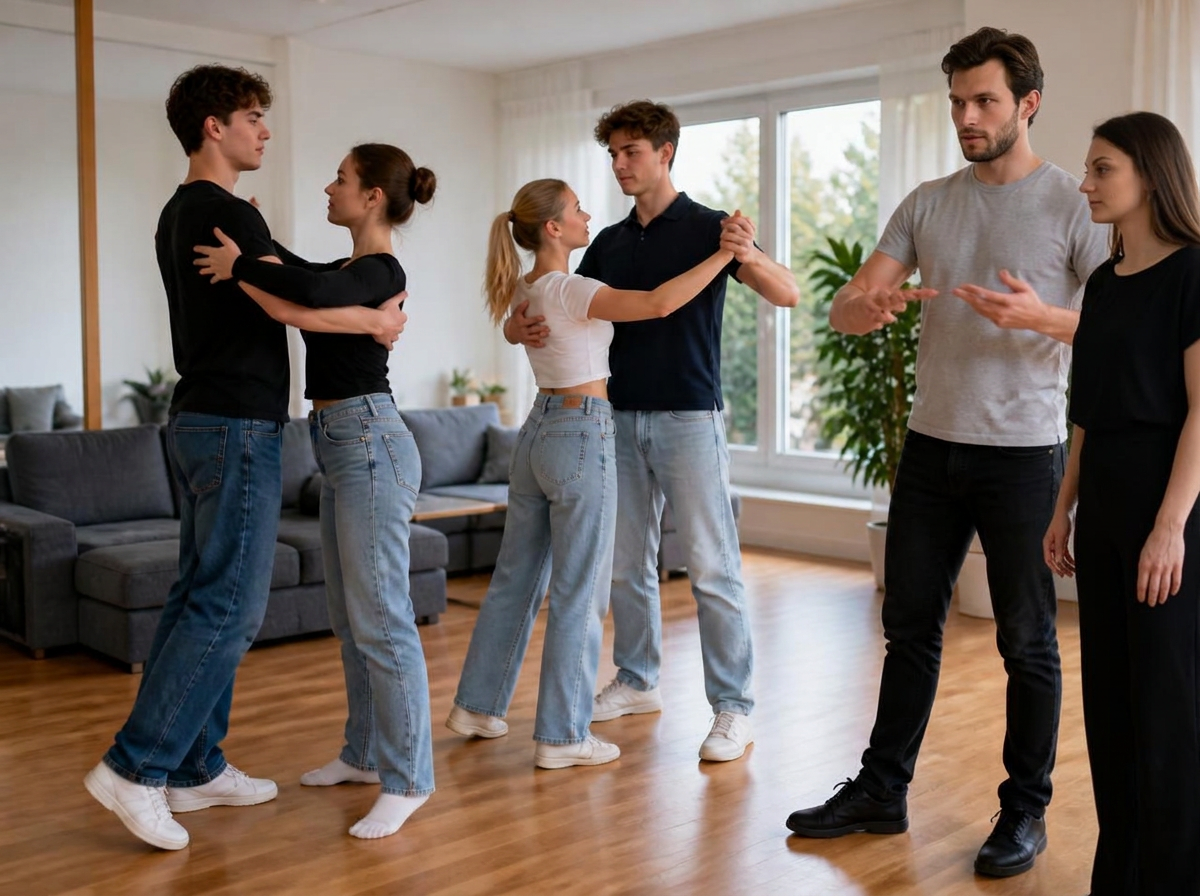 Eltern und Abiturient mit Tanzpartnerin üben mit den Tanzlehrern Philipp und Ema im Wohnzimmer