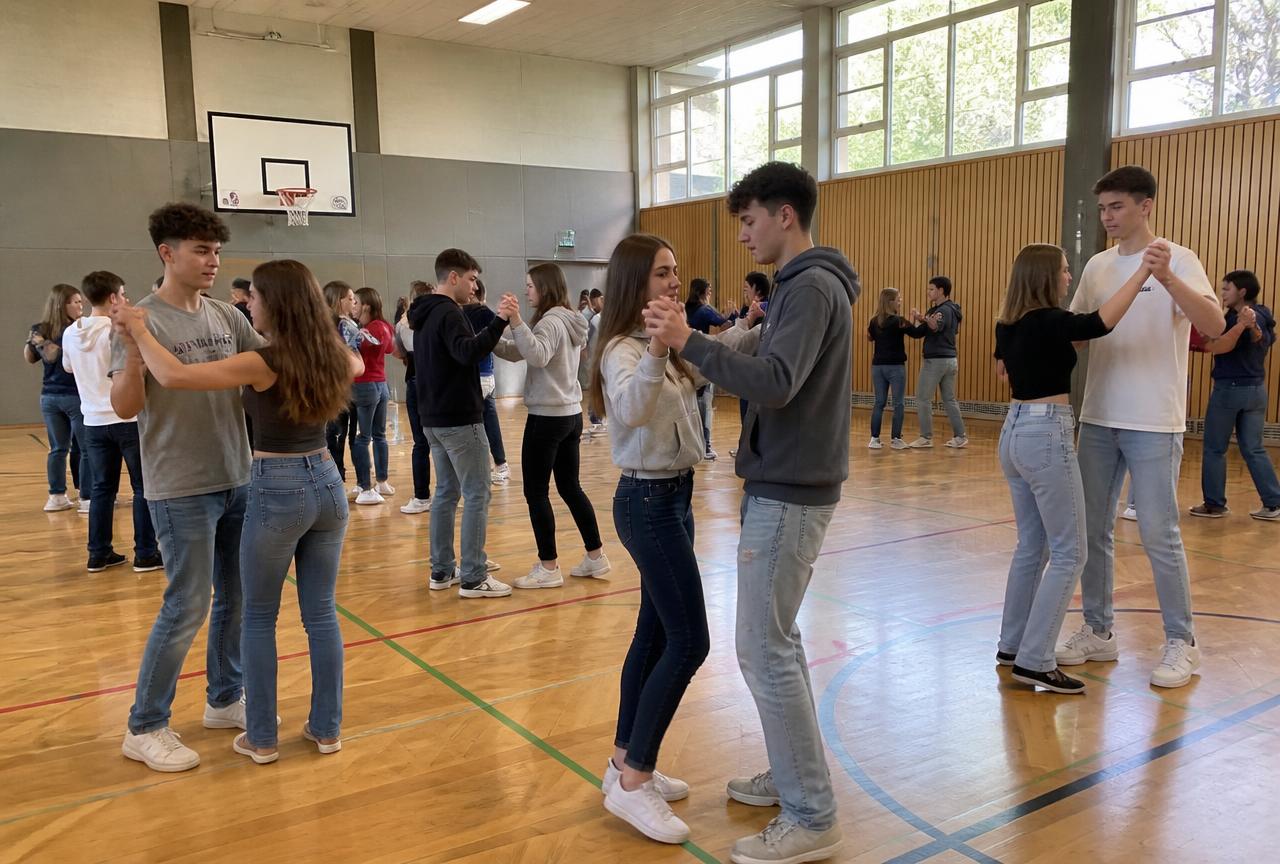 Abschlussklasse übt Paartanz in einer Schulturnhalle in Hamburg