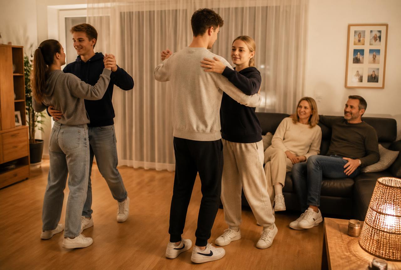 Abiturientinnen und Abiturienten tanzen in legerer Alltagskleidung im Wohnzimmer, Eltern schauen zu