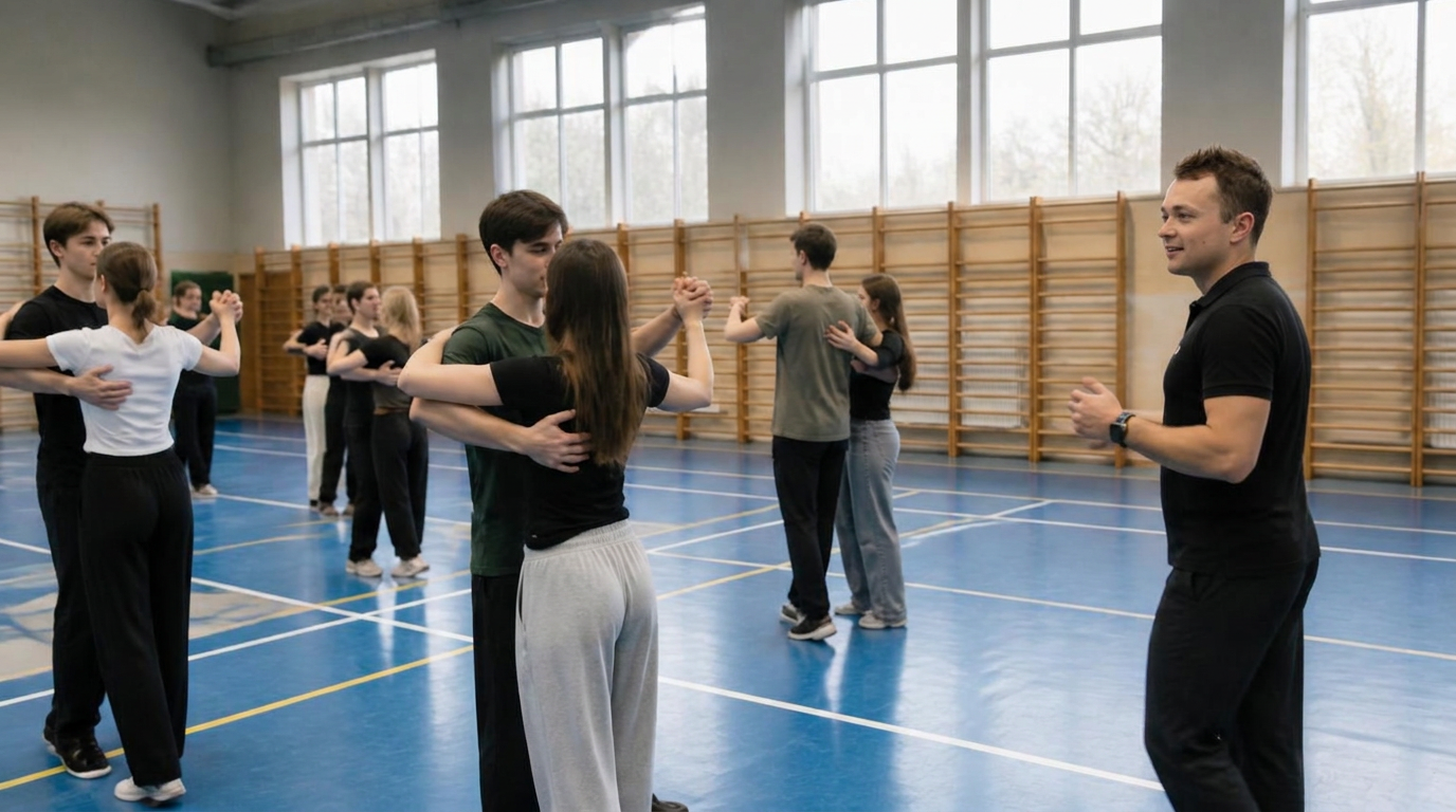 Abschlussklasse übt Paartanz in einer Hannoveraner Schulsporthalle