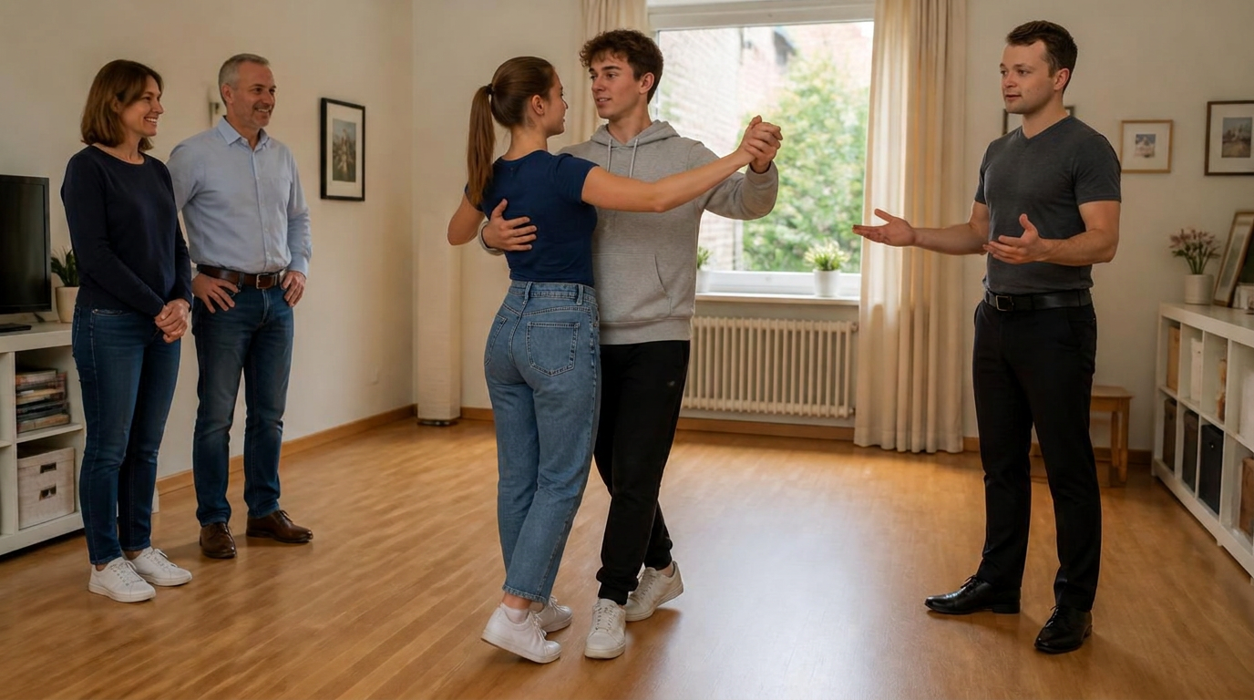 Eltern und Abiturientin mit Partner tanzen mit dem Tanzlehrer im Wohnzimmer