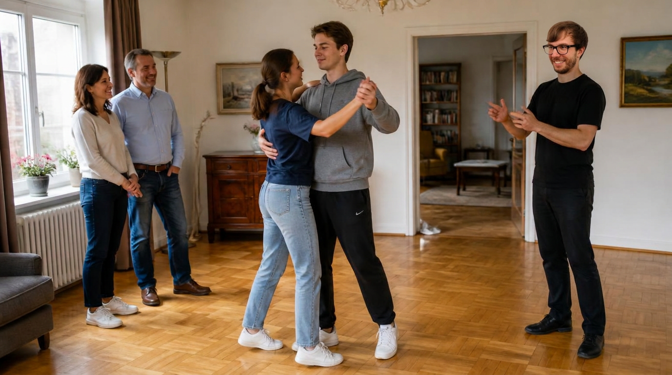 Eltern und Abiturient mit Freundin tanzen mit dem Tanzlehrer im Wohnzimmer