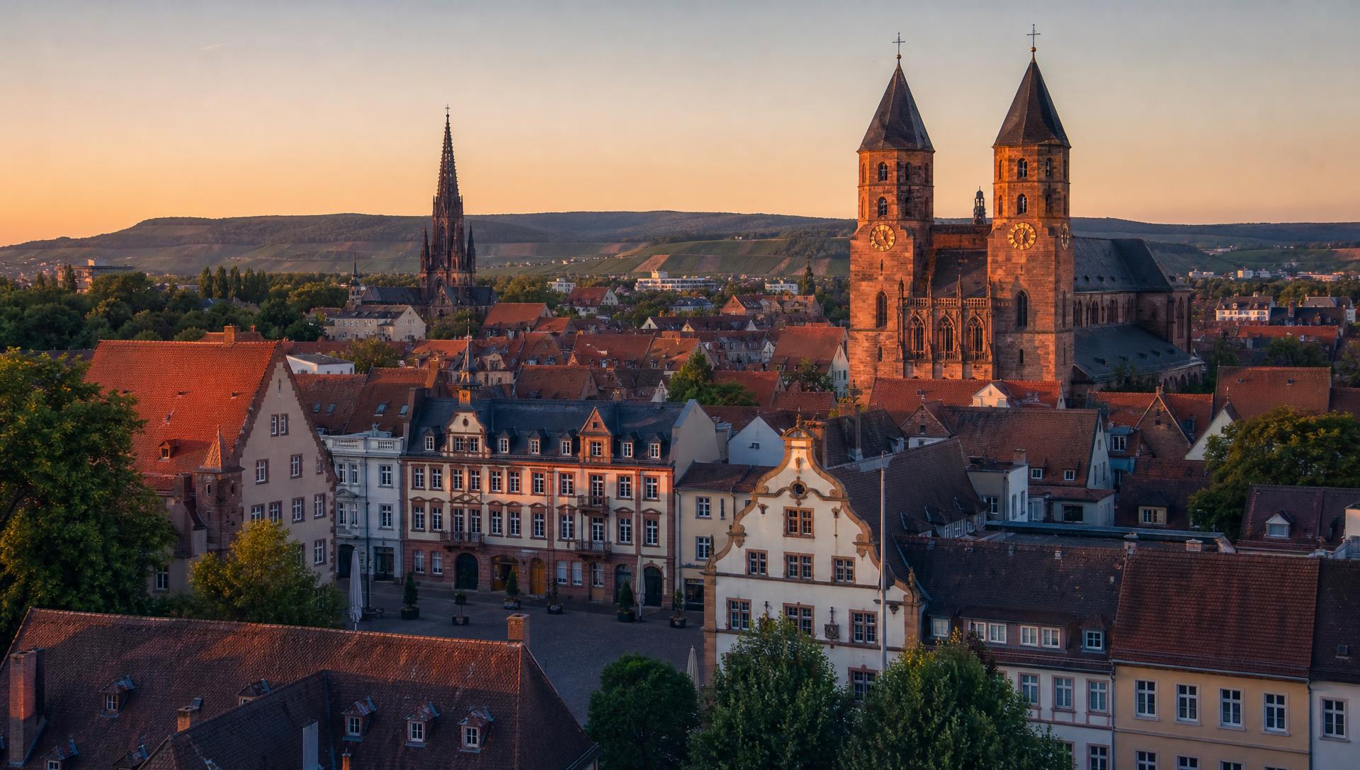 Altstadt von Landau in der Pfalz mit Stiftskirche im Abendlicht