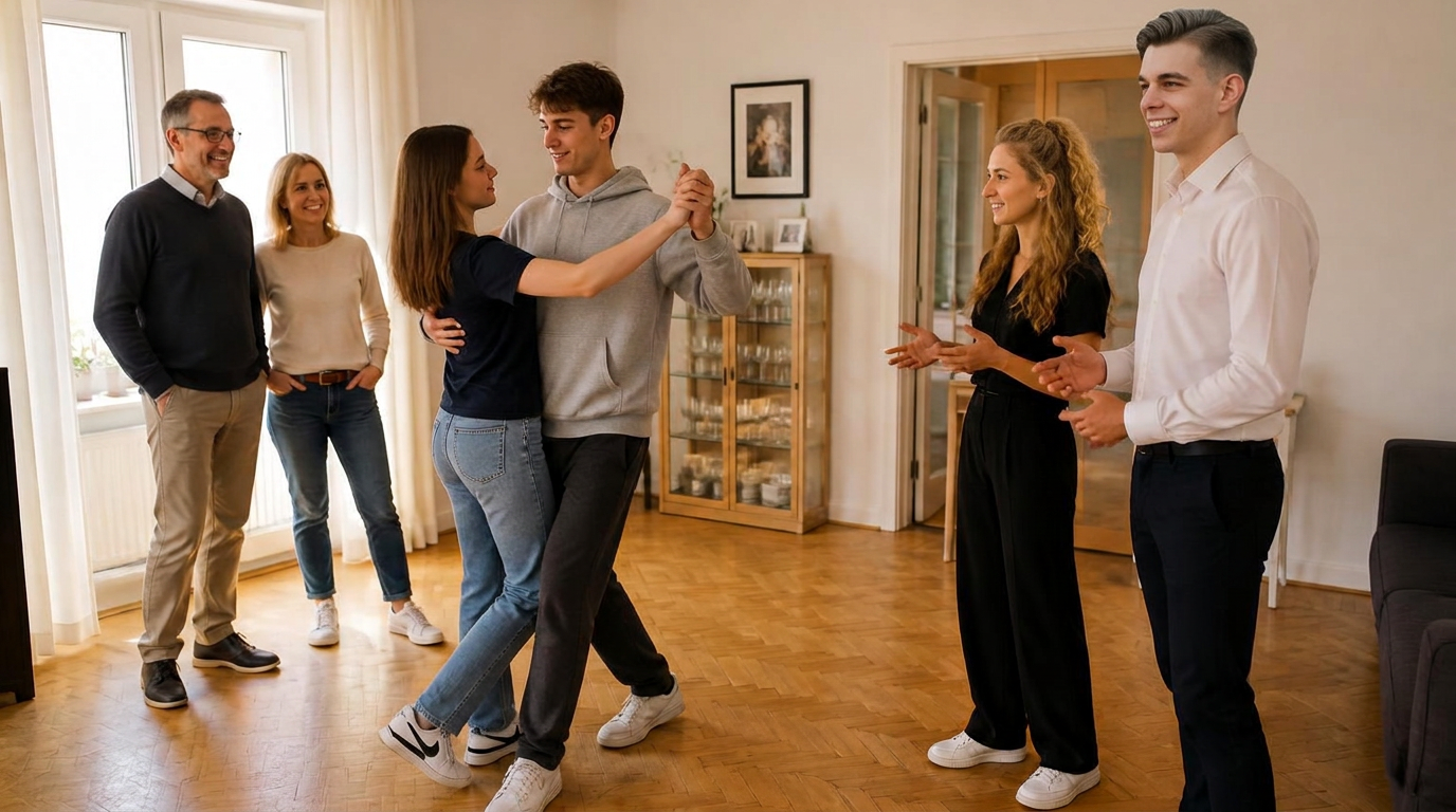 Eltern und Abiturient mit Freundin tanzen mit dem Tanzlehrer im Wohnzimmer