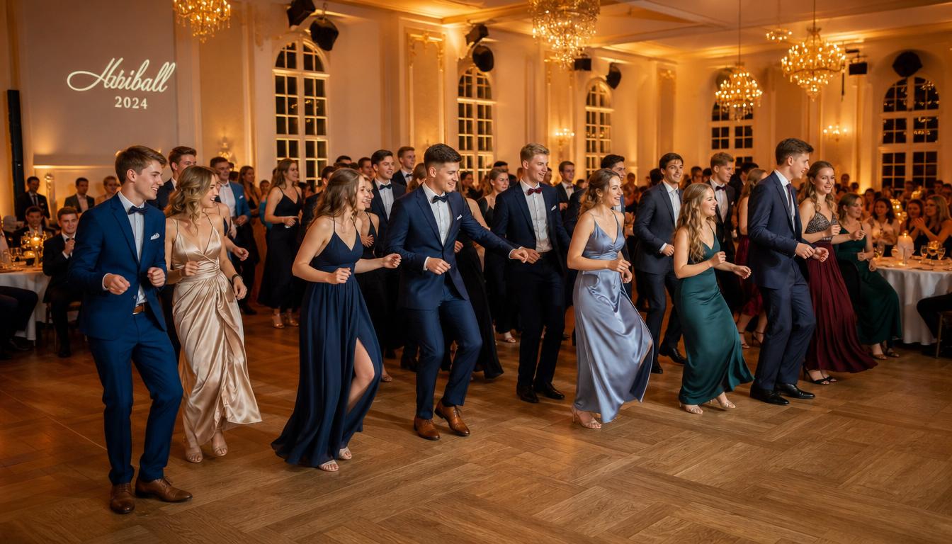 Abiturienten führen einen gemeinsamen Gruppen-Line-Dance in einer eleganten Ball-Location aus