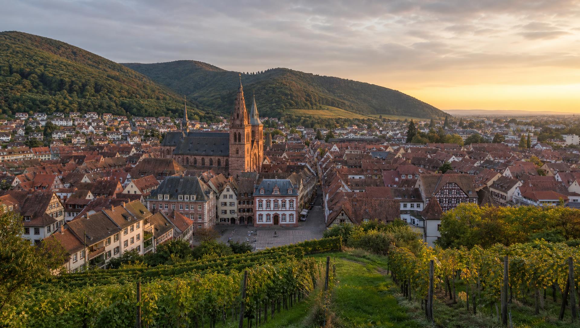 Marktplatz von Neustadt an der Weinstraße mit Stiftskirche und Weinbergen im Abendlicht