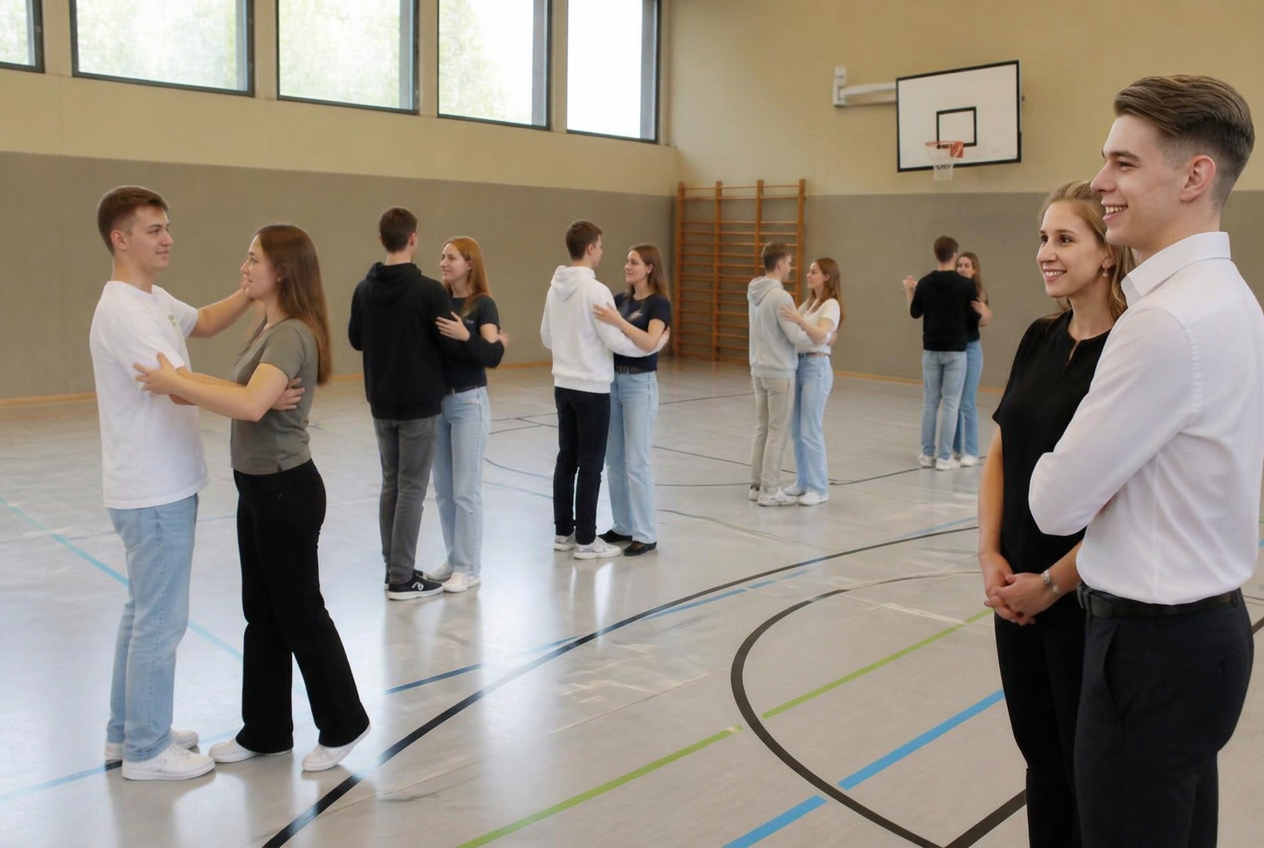 Abschlussklasse übt Paartanz mit den Tanzlehrern Celine und Cristian in einer Schulturnhalle in Neustadt an der Weinstraße