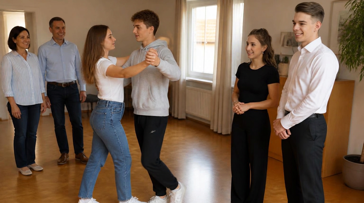Eltern und Abiturientin mit Partner tanzen mit der Tanzlehrerin im Wohnzimmer